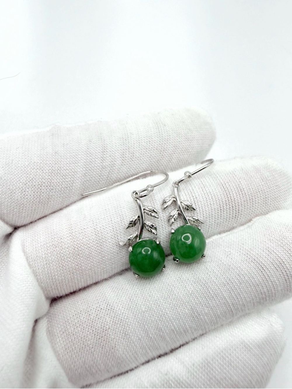 Burmese Green Jade .925 Sterling Silver Leaf Design Dangle Earrings